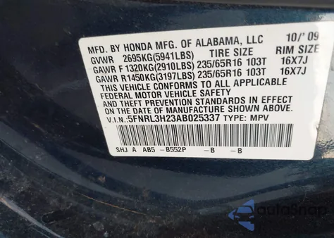 2010 Honda Odyssey Lx from USA, damaged, VIN 5FNRL3H23AB025337